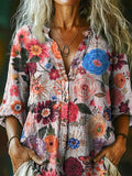 Women's Bohemian Flower Art Print Casual Cotton Linen Shirt