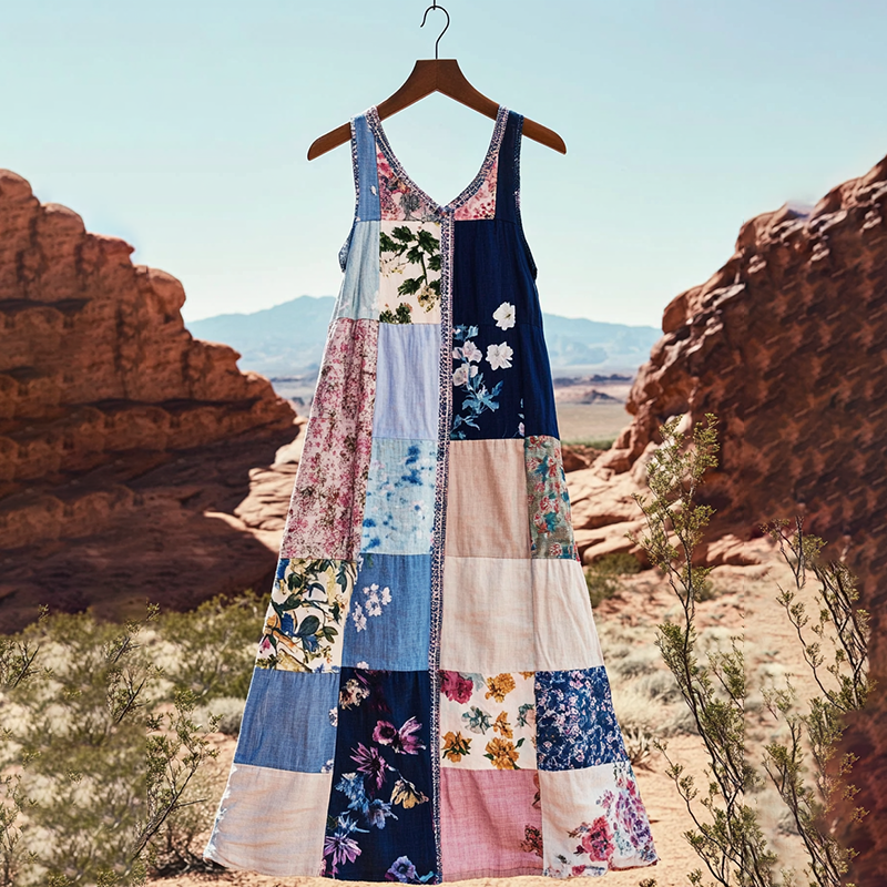 Women's Bohemian Floral Patchwork Art Vintage Linen Tank Dress elevenforest