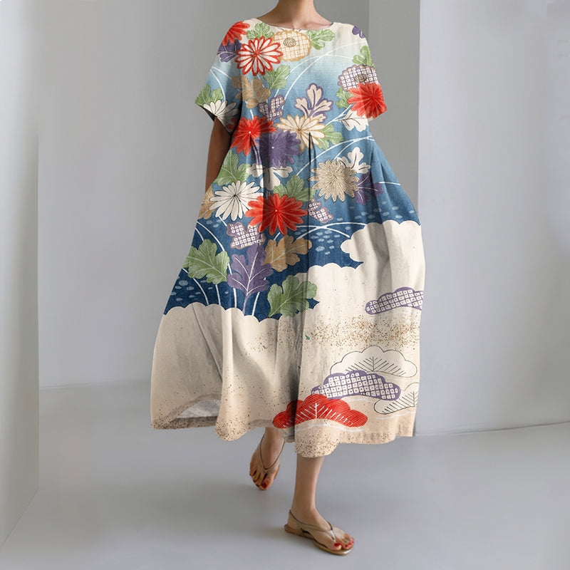 Comstylish Women's Japanese Floral Art Print Linen Dress