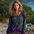 Women's Vintage Viking Tree Of Life V-neck Long Sleeve Shirt elevenforest