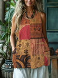 Vintage Geometric Floral Print Women's Linen Tank Top elevenforest