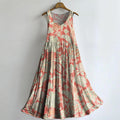 Women's Vintage Ethnic Floral Art Print Crew Neck Sleeveless Cotton Po
