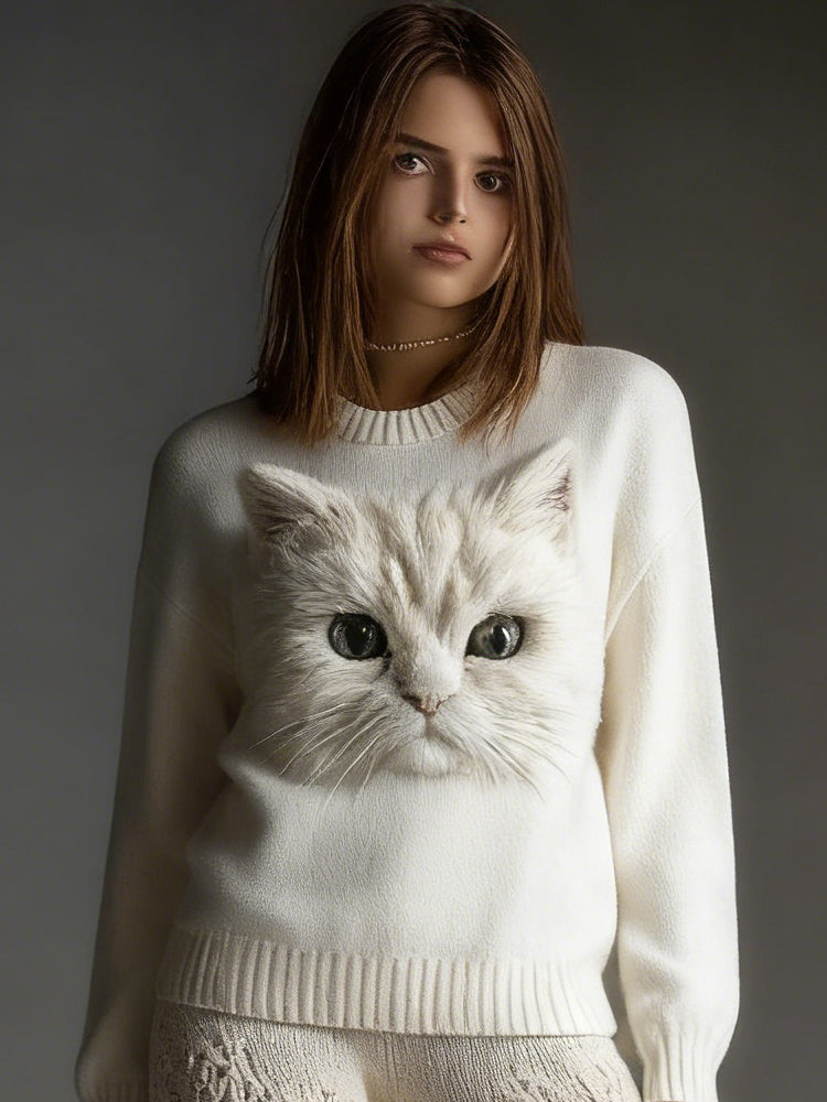 Comstylish Cute Fuzzy Cat Art Round Neck Comfy Knit Sweater