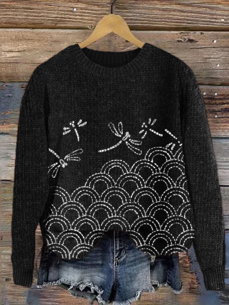 Comstylish Dragonflies & Sea Waves Japanese Sashiko Embroidered Knit Sweater