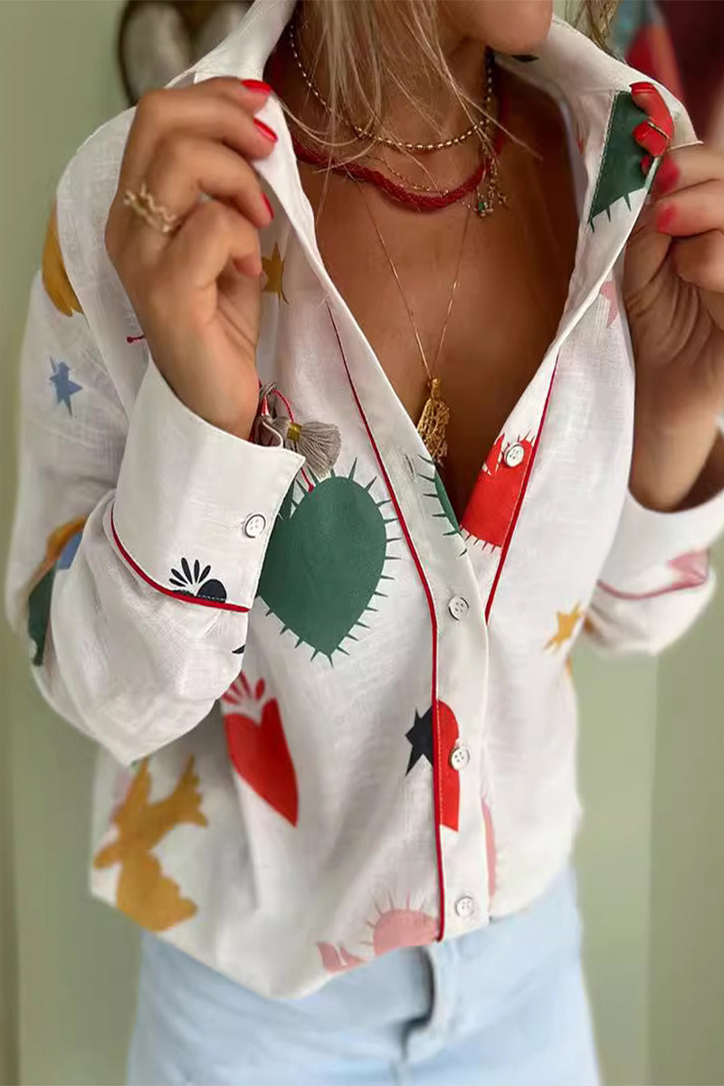 Daily Graffiti Print Buttons Turndown Collar Blouses