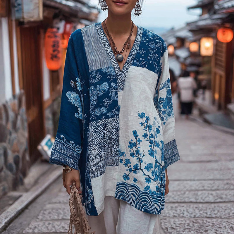 Vintage Japanese Traditional Sashiko Floral Patchwork Art Print Linen Tops elevenforest
