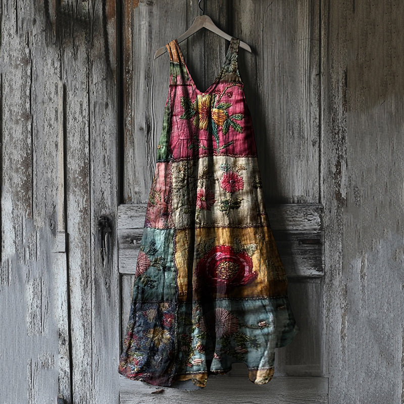 Women's Vintage Floral Patchwork Cotton And Linen Dress elevenforest