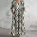Geometric Print V-neck Linen Blend Midi Dress elevenforest