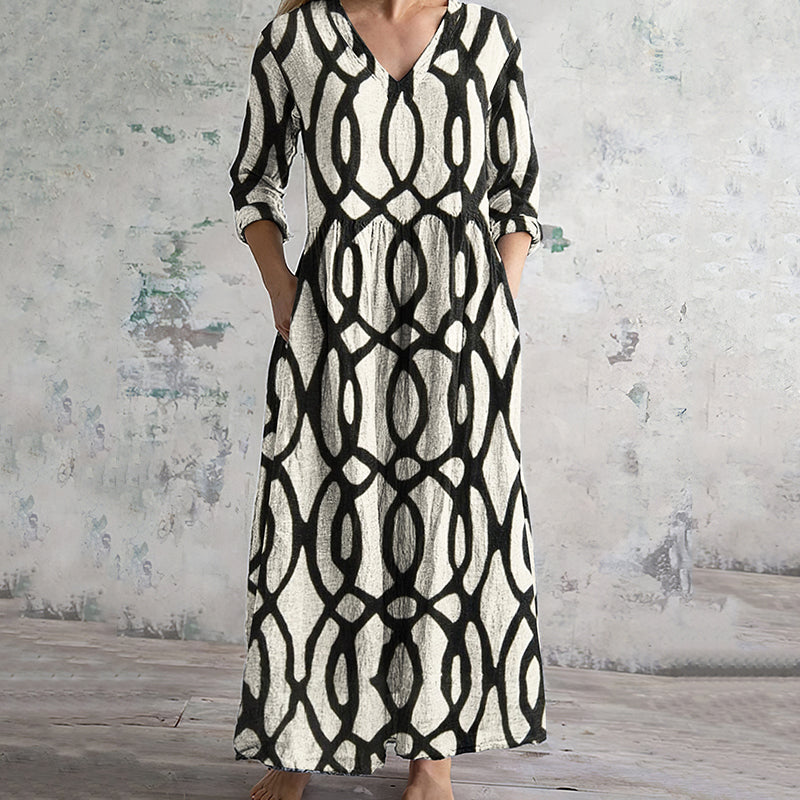 Geometric Print V-neck Linen Blend Midi Dress elevenforest