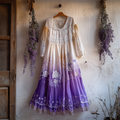 Vintage Boho Lavender Gradient Lace Art Linen V Neck Maxi Dress elevenforest