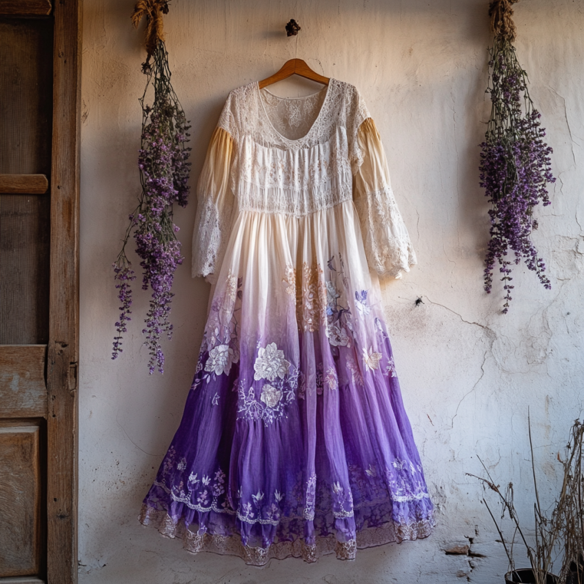 Vintage Boho Lavender Gradient Lace Art Linen V Neck Maxi Dress elevenforest