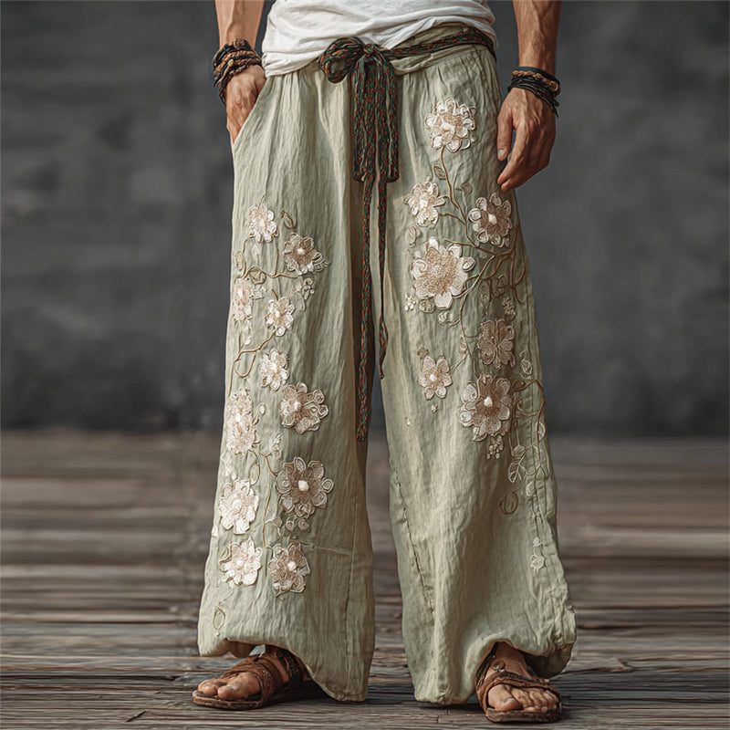 Men's Vintage Floral Embroidered Wide Leg Linen Pants elevenforest