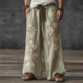 Men's Vintage Floral Embroidered Wide Leg Linen Pants elevenforest