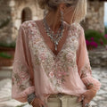 Women's Vintage Pink Floral Embroidered Art Pattern V-neck Long Sleeve Blouse elevenforest