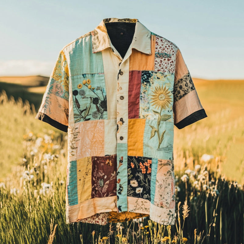 Men's Retro Floral Patchwork Contrast Color Linen Casual Shirt elevenforest
