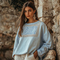 Vintage Greek Key Motif Patchwork Cotton Linen Long Sleeves Shirt elevenforest