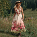 Love & Health Collection Retro Western Women Style Vintage Rose And Floral Patchwork Art V Neck Linen Maxi Dress elevenforest