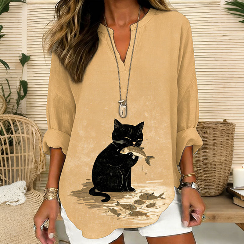 Comstylish Women's Japanese Artistic Fun Cat Pattern Linen Blend T-shirt