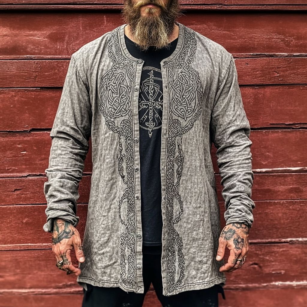 Men's Vintage Viking Rune Print Linen Button Cardigan elevenforest