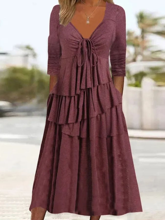 Casual V-Neck Solid Color Dress