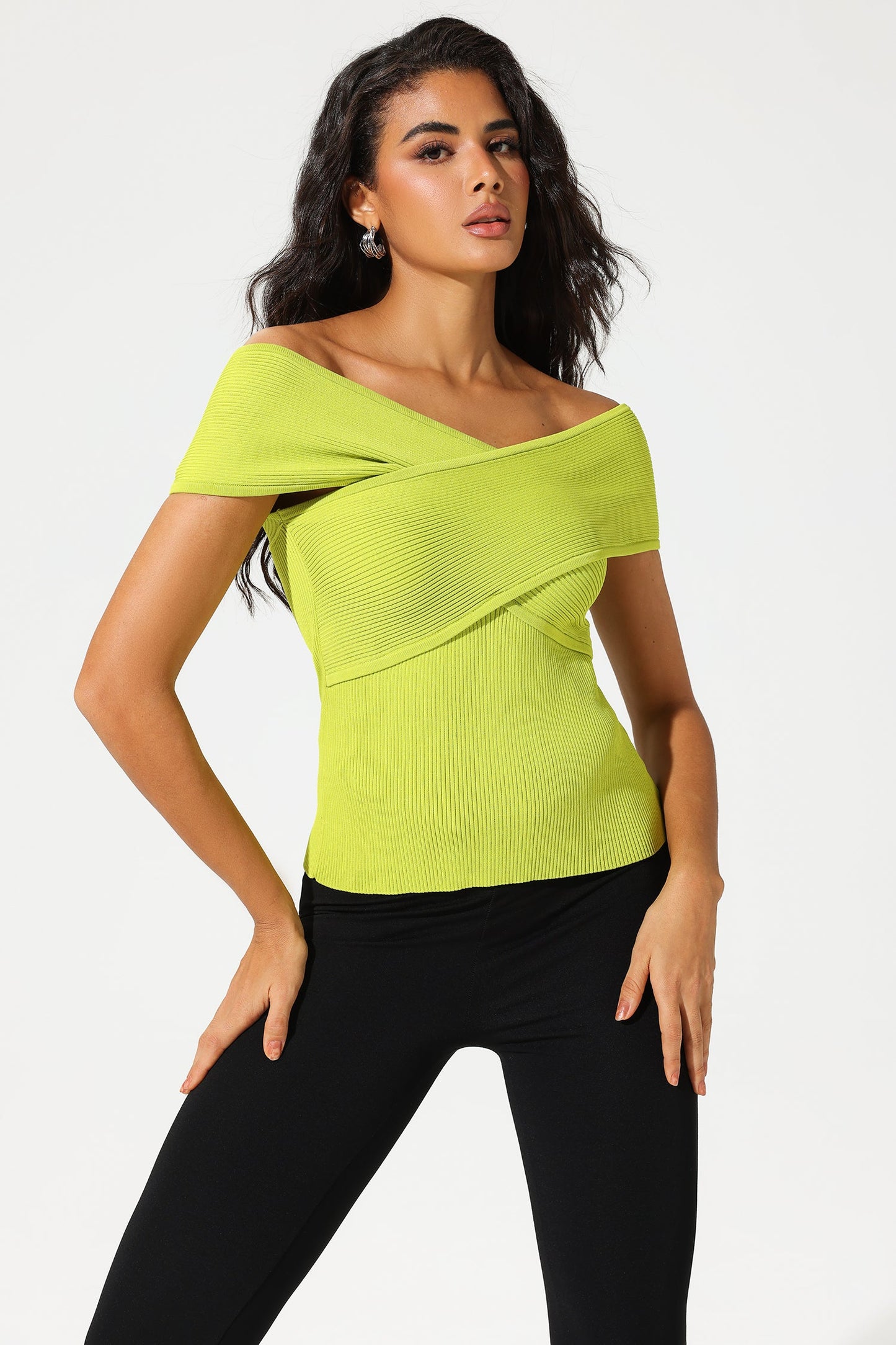 Knit Off-shoulder Slim Top Green