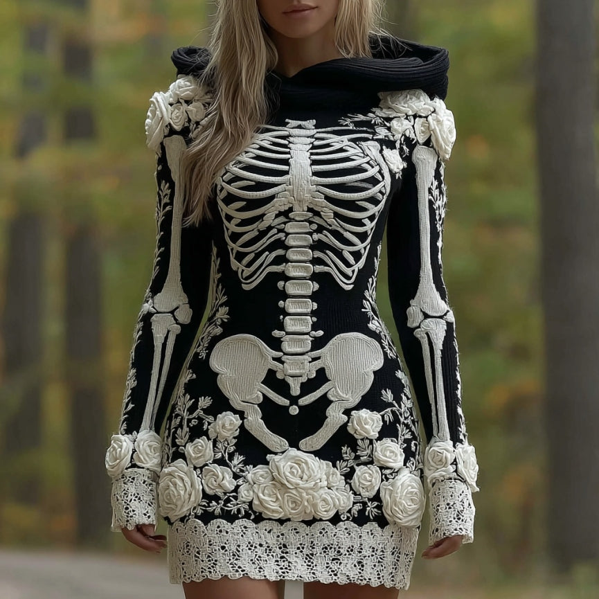 Comstylish Women's Vintage Skeleton & White Rose Art Cozy Sweater Hooded Dress