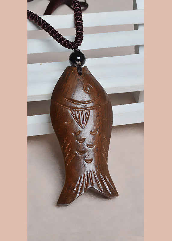 Brown Hand Knitting Woode Fish Peach Wood Pendant Necklace