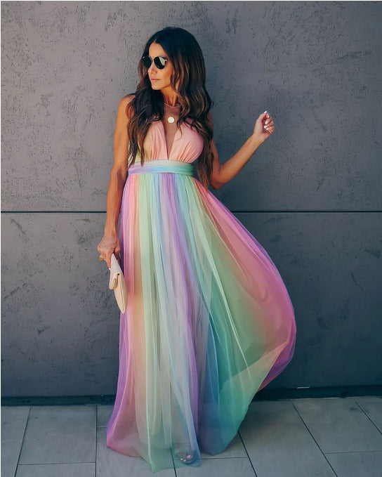 Spring Summer Rainbow Mesh Camisole Dress With Deep V Plunge and Suspenders