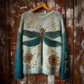 Comstylish Just Breathe Dragonfly Floral Embroidered Cozy Knit Sweater