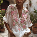 Bohemian Style Pink Vitality Rose V-neck Vintage Short-sleeved Shirt elevenforest