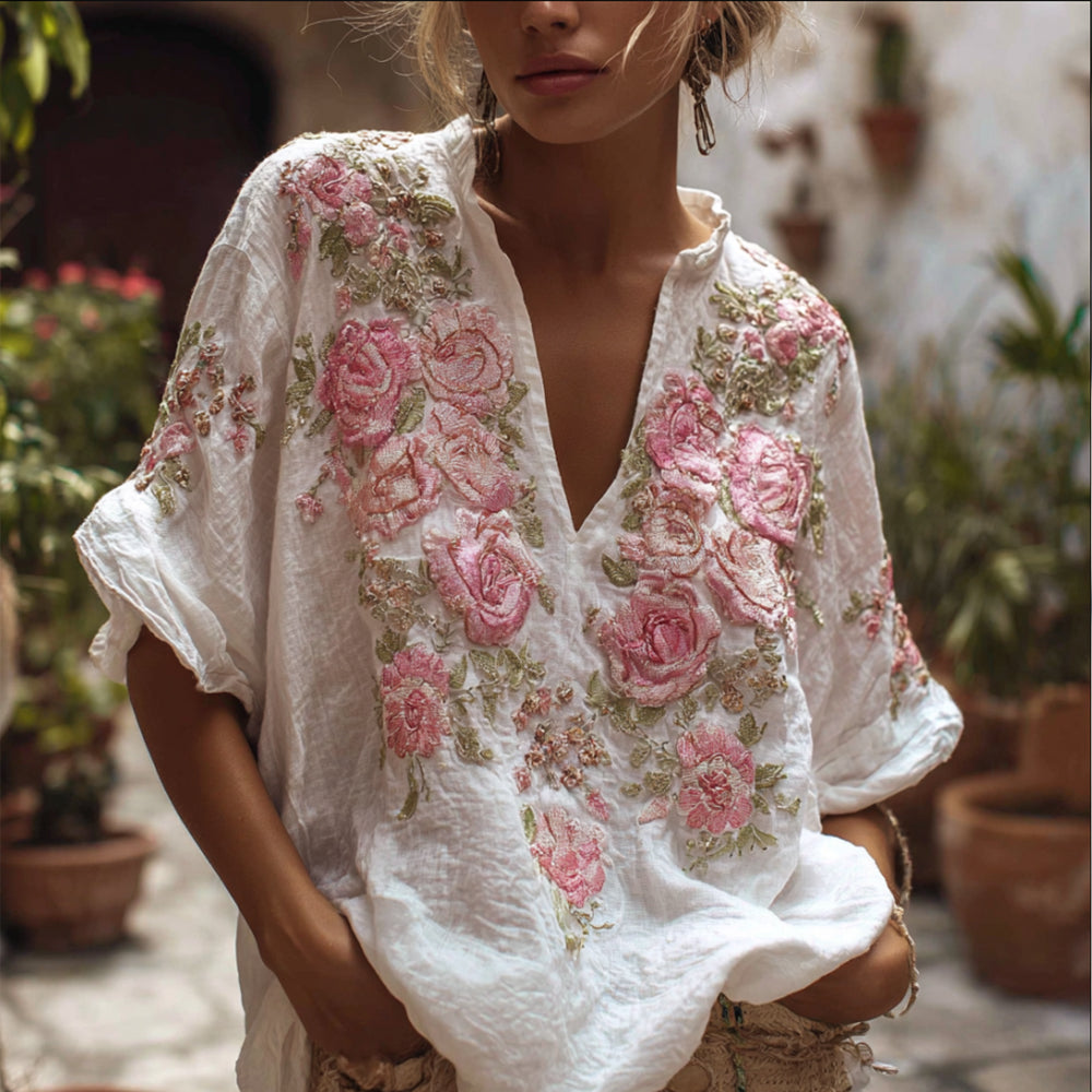 Bohemian Style Pink Vitality Rose V-neck Vintage Short-sleeved Shirt elevenforest