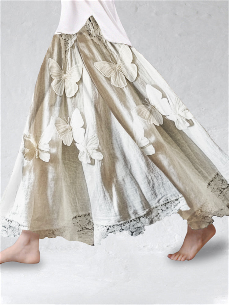 Boho Butterflies Textile Lace Hem Flowy Wide Skirt elevenforest