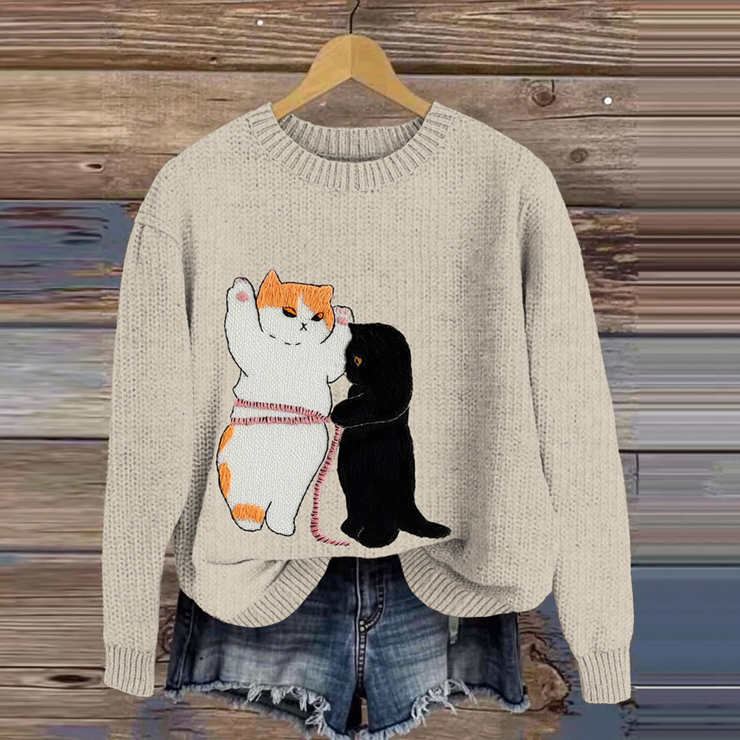 Cute Chubby Cat Embroidery Art Casual Sweater elevenforest