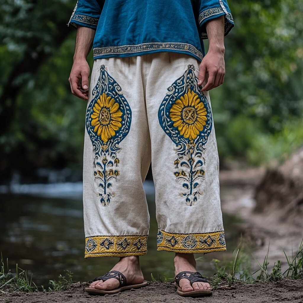 Men's Vintage Sunflower Floral Embroidered Casual Pants elevenforest