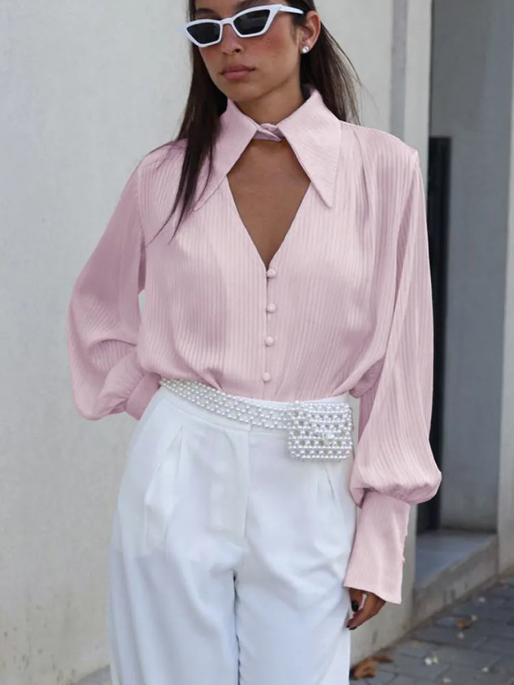 Taruxy Deep V Neck Blouse New Loose Long Sleeve Hollow Out Cardigan Femme Street Oversized Shirts for Woman