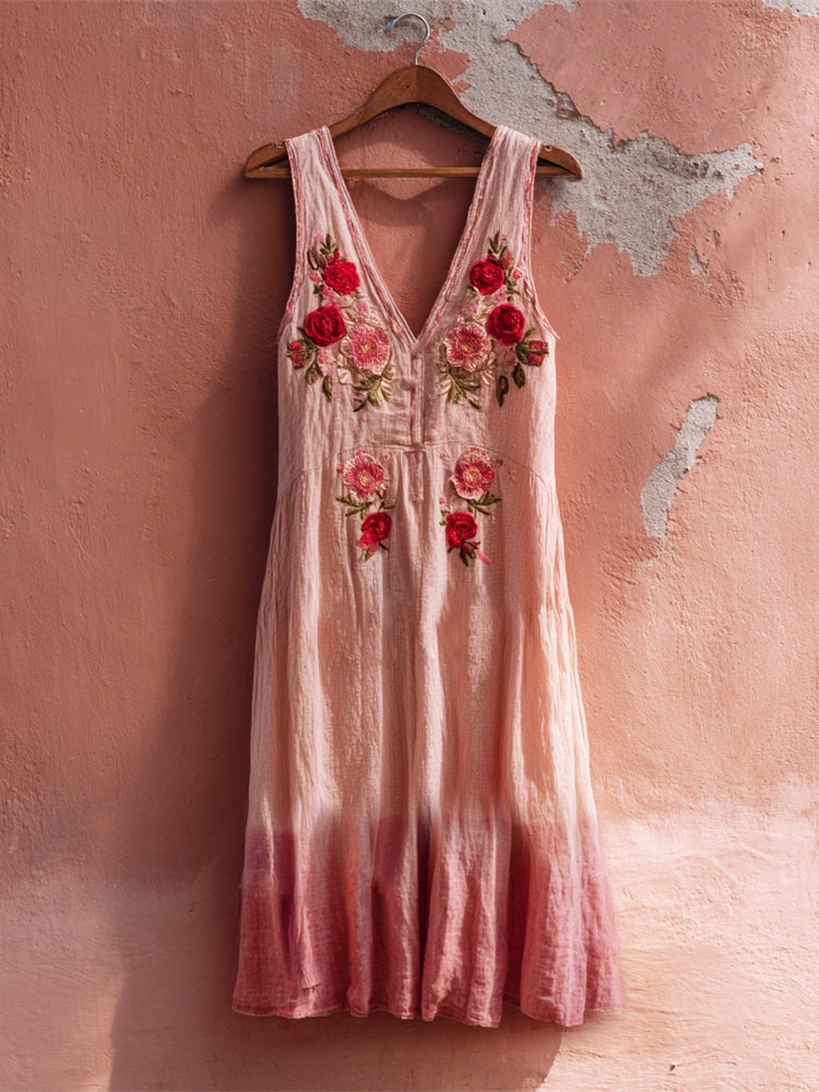 Boho Floral Embroidered Women's Linen Vest Midi Dress elevenforest