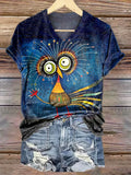 Women's Whimsical Bird Print V Neck T-Shirt