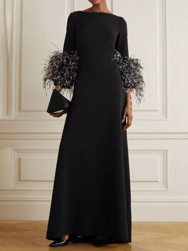 Simple Black and White Feather Long Sleeve Party Dress