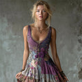 Vintage Purple Roses Boho Patchwork Linen Dress elevenforest