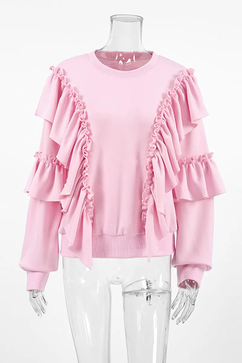 Color Ruffle O Neck Hoodies