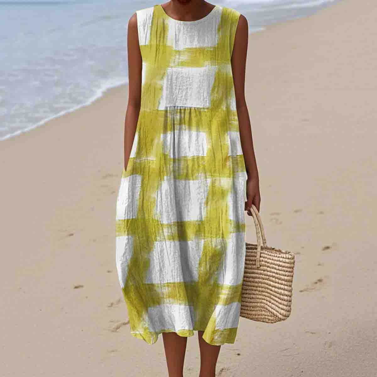 Comstylish Women's Brushstroke Print Sleeveless Cotton Dress
