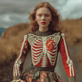 Women's Halloween Skeleton Art And Flower Color Blocked Round Neck Sweater elevenforest