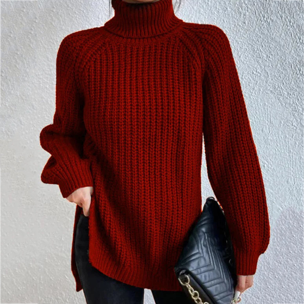 Retro Mid Length Raglan Sleeves High Lapel Split Sweater elevenforest
