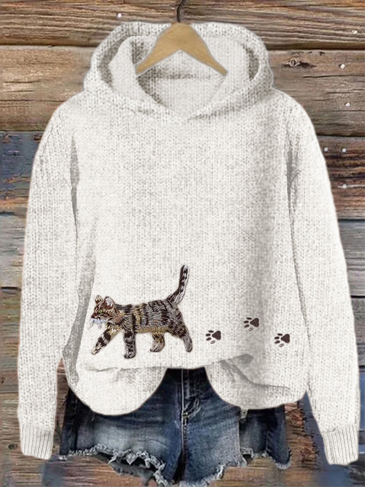 Cat & Paw Prints Embroidered Cozy Knit Hooded Sweater elevenforest