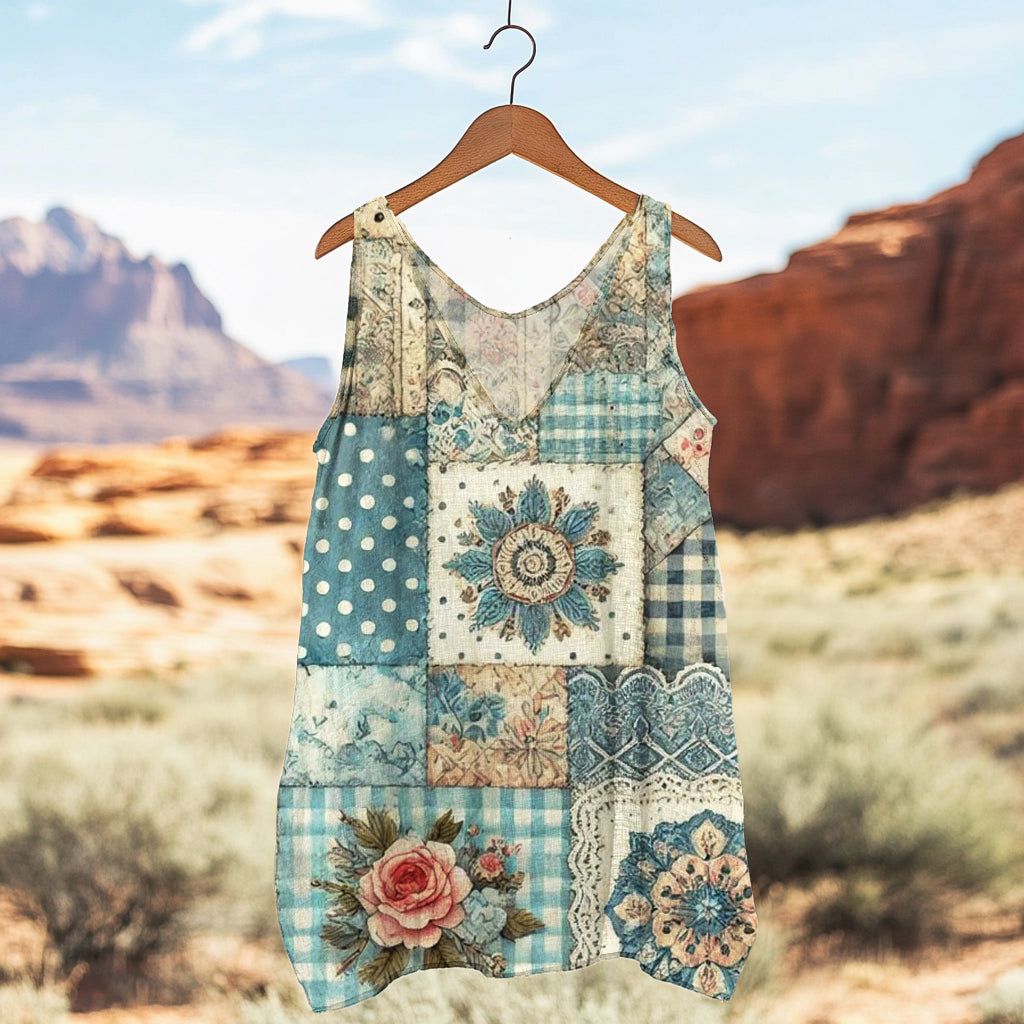 Women's Floral Patchwork Art Linen Tank Top elevenforest