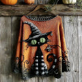 Comstylish Halloween Black Cat Knitted Crew Neck Sweater