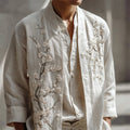 Men's White Almond Blossom Embroidered Linen Kimono Cardigan elevenforest