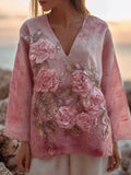 Glitter Pink Roses Embroidered V Neck Linen Tunic elevenforest