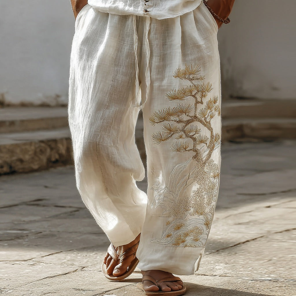 Men's Japanese Style Pine Casual Linen Pants elevenforest