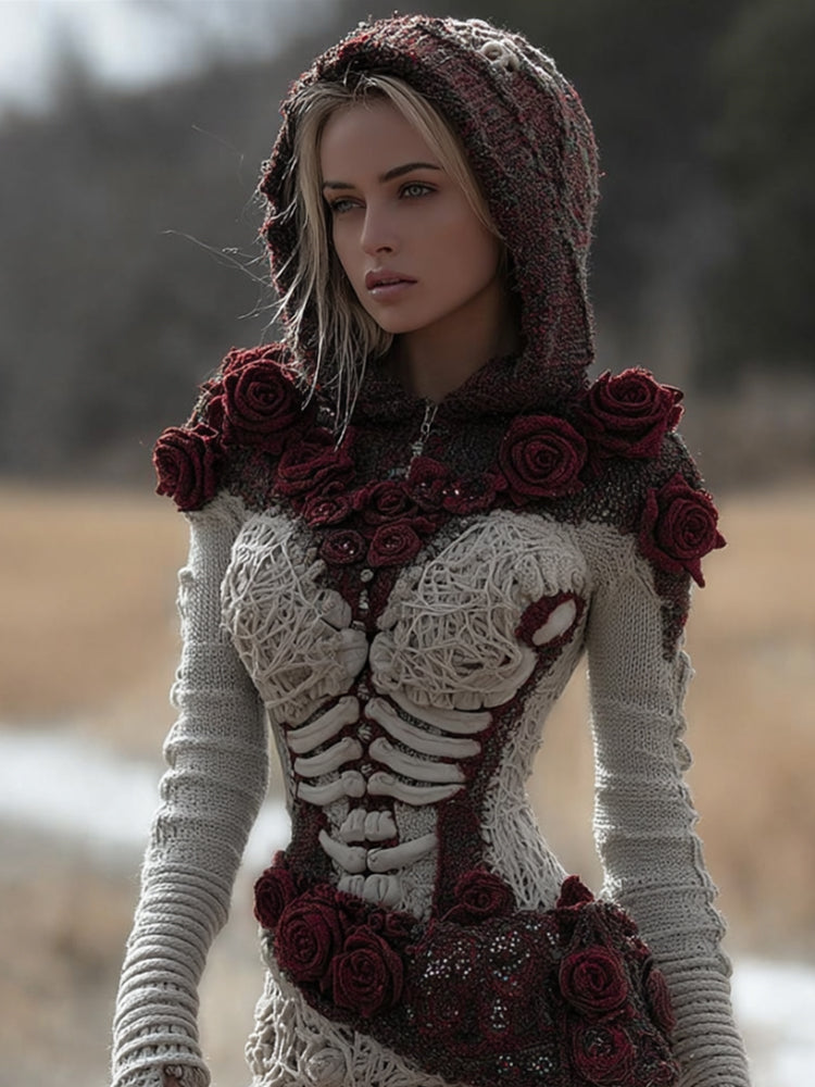 Women Halloween Skeleton&red Rose Hooded Sweater artswardrobe